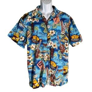 High Surf Men's  Short Sleeve Button Down Hawaiian Shirt Blue Floral Ukulele XL